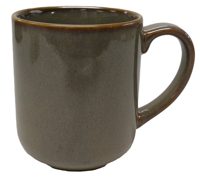 Grauer Kaffeebecher mit Henkel, seitliche Perspektive