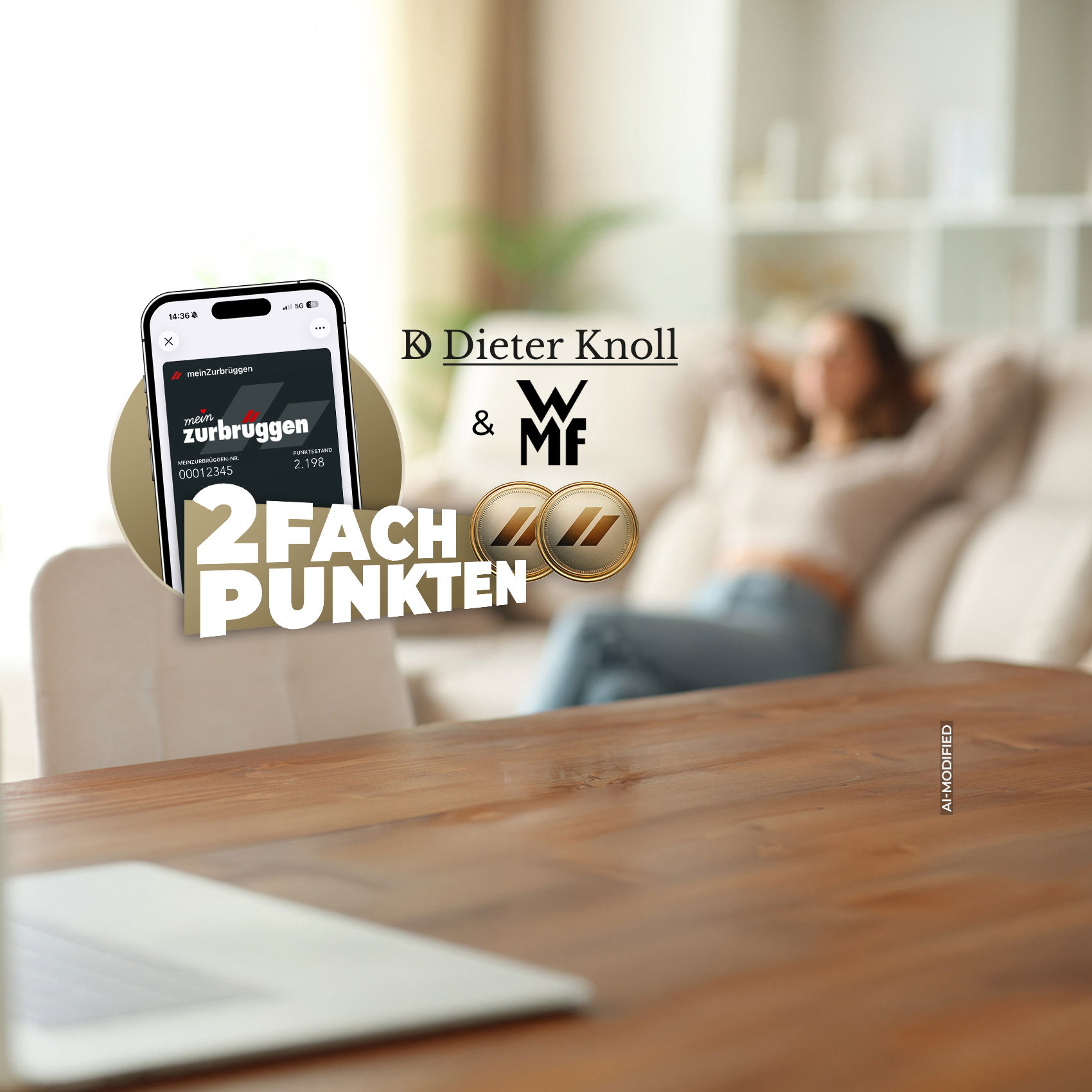 Smartphone mit meinZurbrüggen-App, „2fach punkten“-Aktion und WMF-Logo vor unscharfem Wohnambiente. KI-generiert