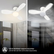 Weißer Deckenventilator mit integrierter LED-Leuchte, Ansicht von unten zur Decke, links mit eingeschaltetem Licht und rechts im Betrieb mit bewegten Flügeln; LED und Ventilator separat steuerbar