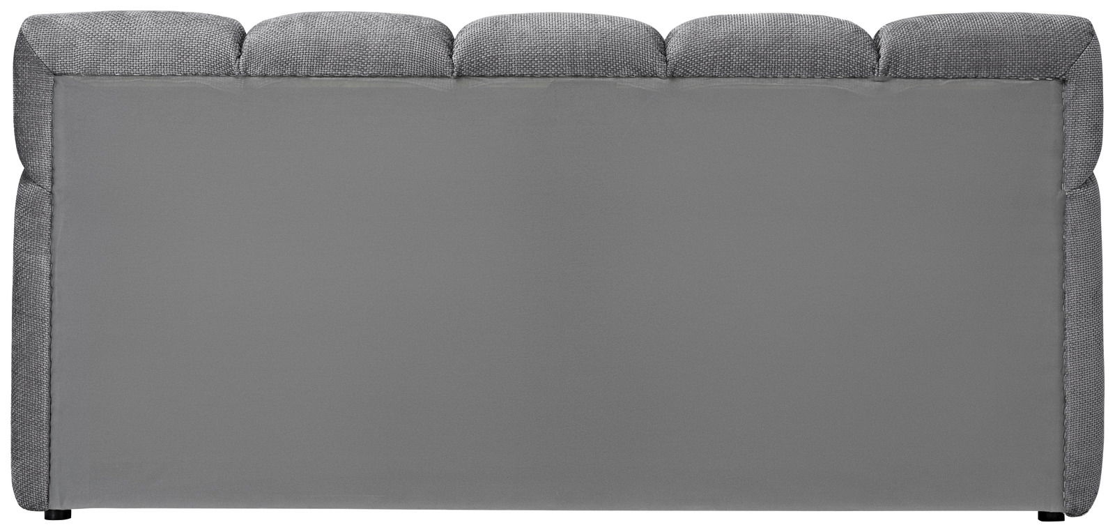 Rückansicht eines grauen Polsterbettgestells mit gepolstertem Kopfteil.