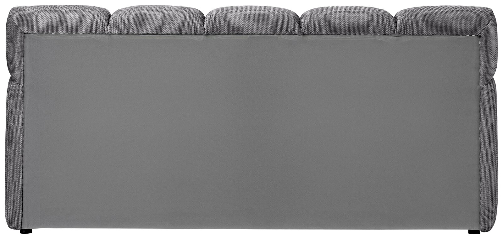 Rückansicht eines grauen Polsterbettgestells mit gepolstertem Kopfteil.