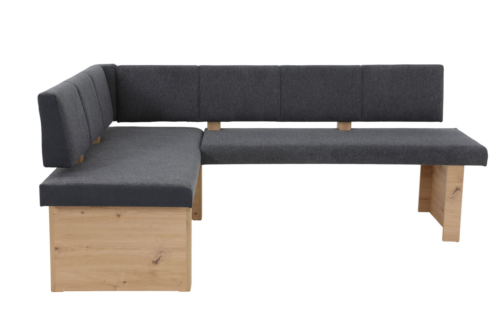 Eckbank mit grauem Stoffbezug und Holzgestell, seitliche Perspektive