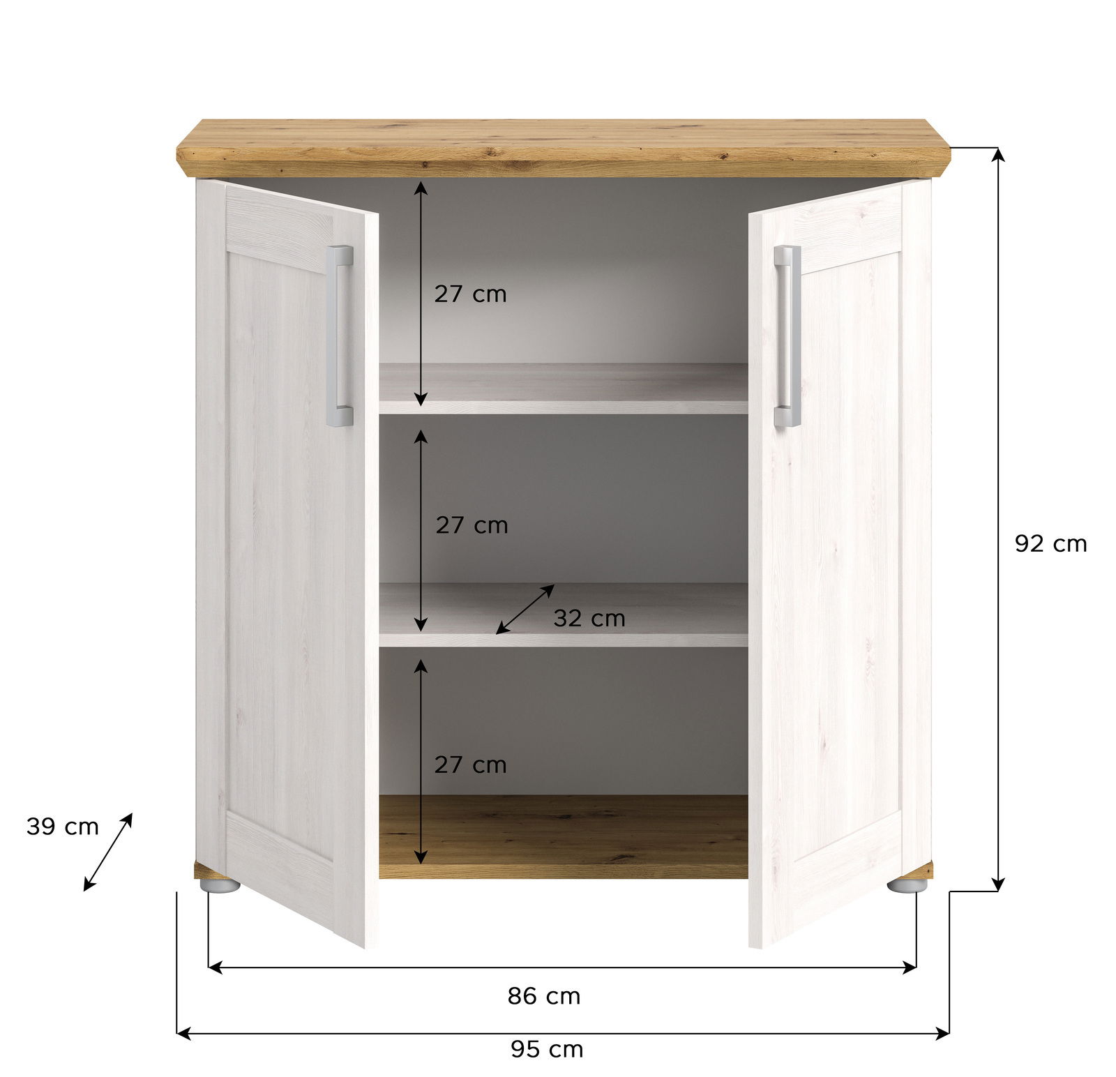 Kommode mit zwei offenen Türen, drei Regalfächern und Holzoberfläche, Frontansicht