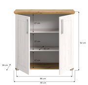 Kommode mit zwei offenen Türen, drei Regalfächern und Holzoberfläche, Frontansicht