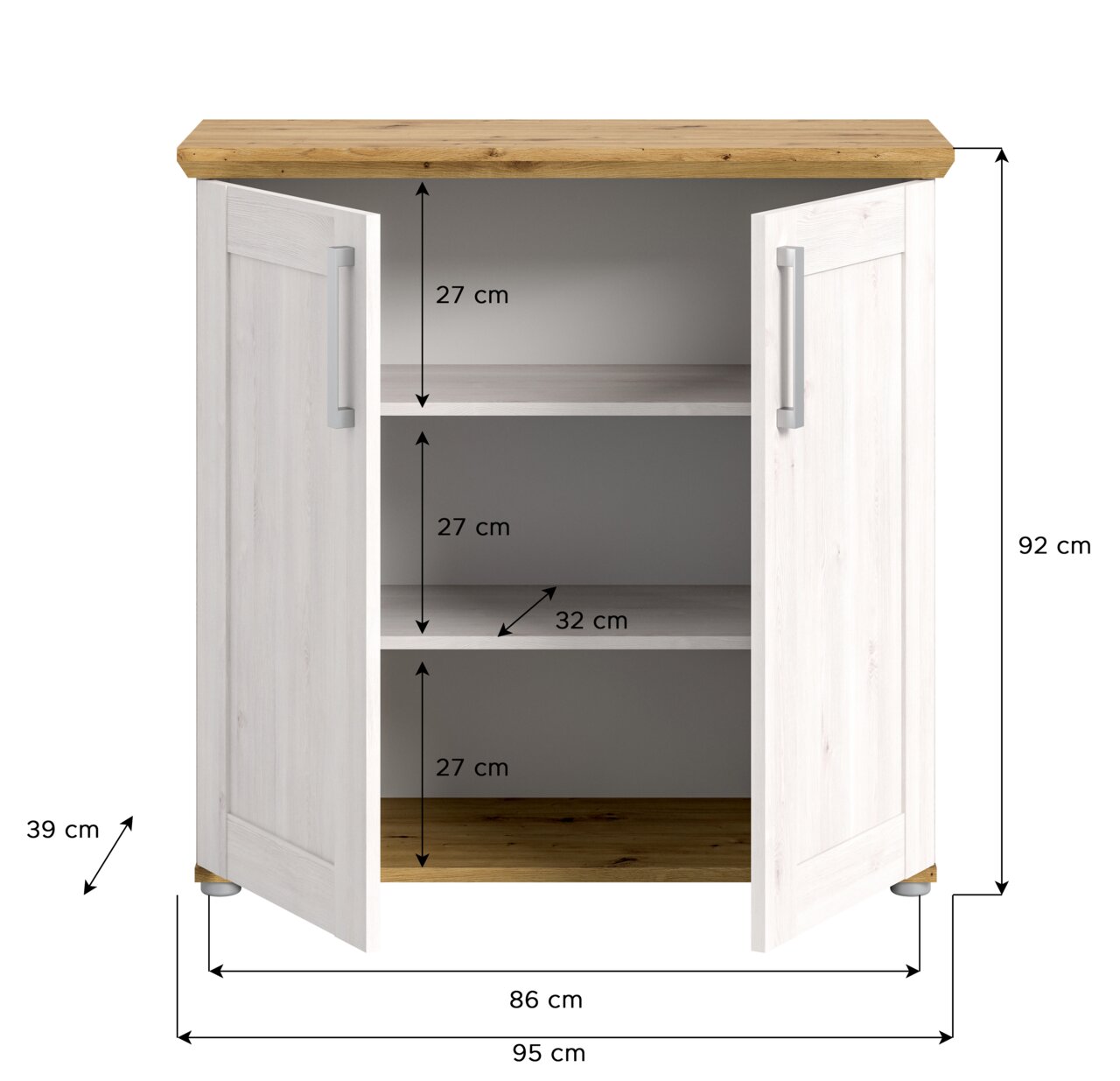 Kommode mit zwei offenen Türen, drei Regalfächern und Holzoberfläche, Frontansicht