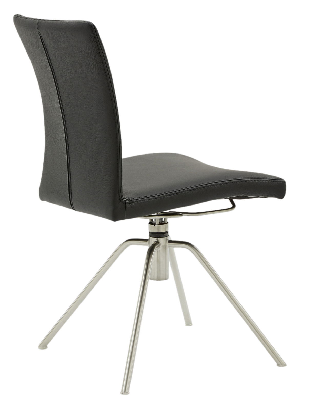 Moderner schwarzer Stuhl mit Metallbeinen, seitliche Perspektive