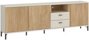 TV-Lowboard mit Holzoptik und weißen Elementen, zwei Schubladen und offenen Fächern, seitliche Perspektive