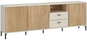 Tv-lowboard met houtlook en witte elementen, twee lades en open vakken, zijaanzicht