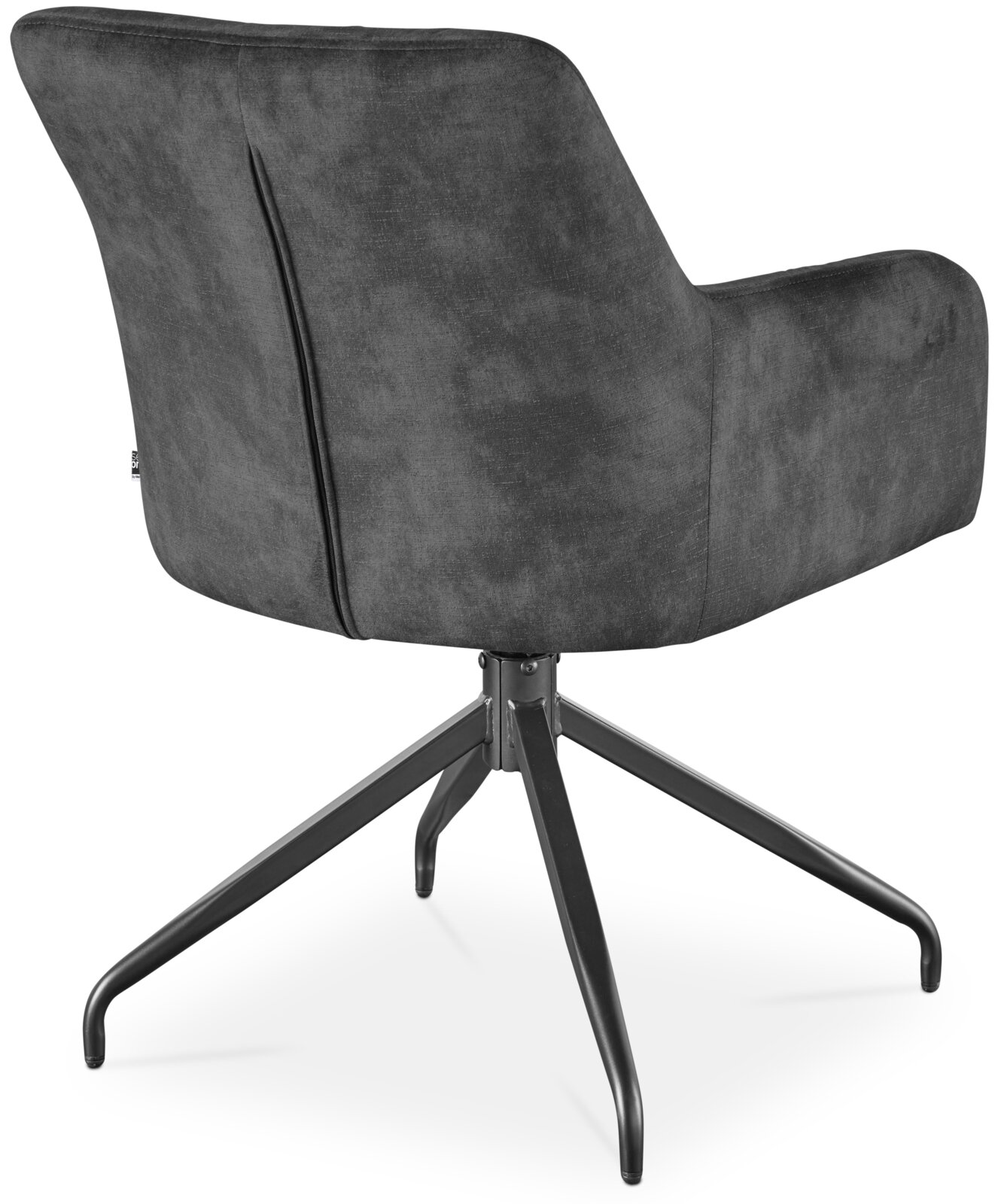 Achterkant van een moderne fauteuil met zwarte stoffen bekleding en metalen poten.