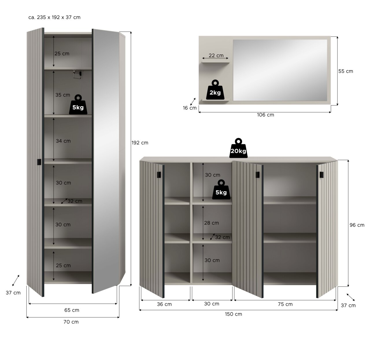 Maßgrafik eines modernen Badezimmermöbel-Sets in Hellgrau mit geriffelten Fronten: hoher Hochschrank mit Spiegel-/Türeinsatz, breites Sideboard mit offenen Fächern und Türen sowie Wandspiegel mit Ablage; dargestellt in frontaler Ansicht mit Maßangaben.