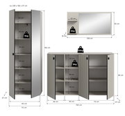 Maßgrafik eines modernen Badezimmermöbel-Sets in Hellgrau mit geriffelten Fronten: hoher Hochschrank mit Spiegel-/Türeinsatz, breites Sideboard mit offenen Fächern und Türen sowie Wandspiegel mit Ablage; dargestellt in frontaler Ansicht mit Maßangaben.