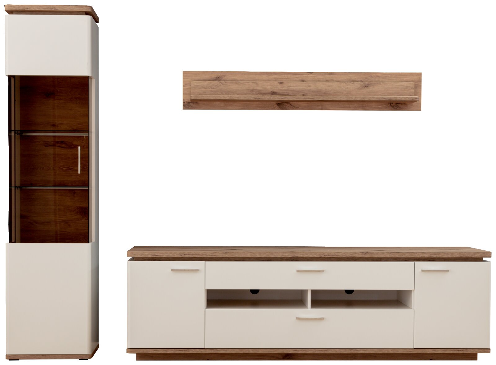Modernes Wohnwand-Set mit TV-Lowboard, Vitrine und Wandregal in Weiß und Holzoptik, Frontansicht