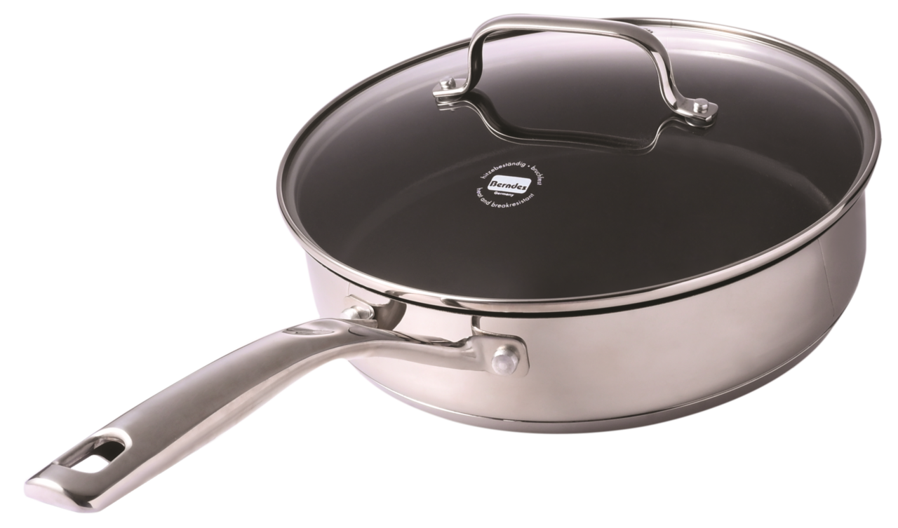 Schmorpfanne aus Edelstahl mit Glasdeckel, seitliche Perspektive