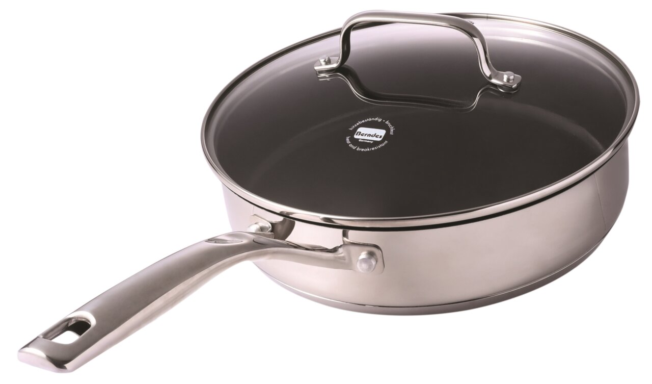 Berndes Schmorpfanne mit Glasdeckel GOURMET Ø28cm Schmorpfanne aus Edelstahl mit Glasdeckel, seitliche Perspektive