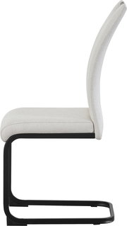 Moderner Freischwinger-Stuhl mit hellgrau/beigem Stoffbezug und schwarzem Metallgestell, Seitenansicht (Profil) vor weißem Hintergrund