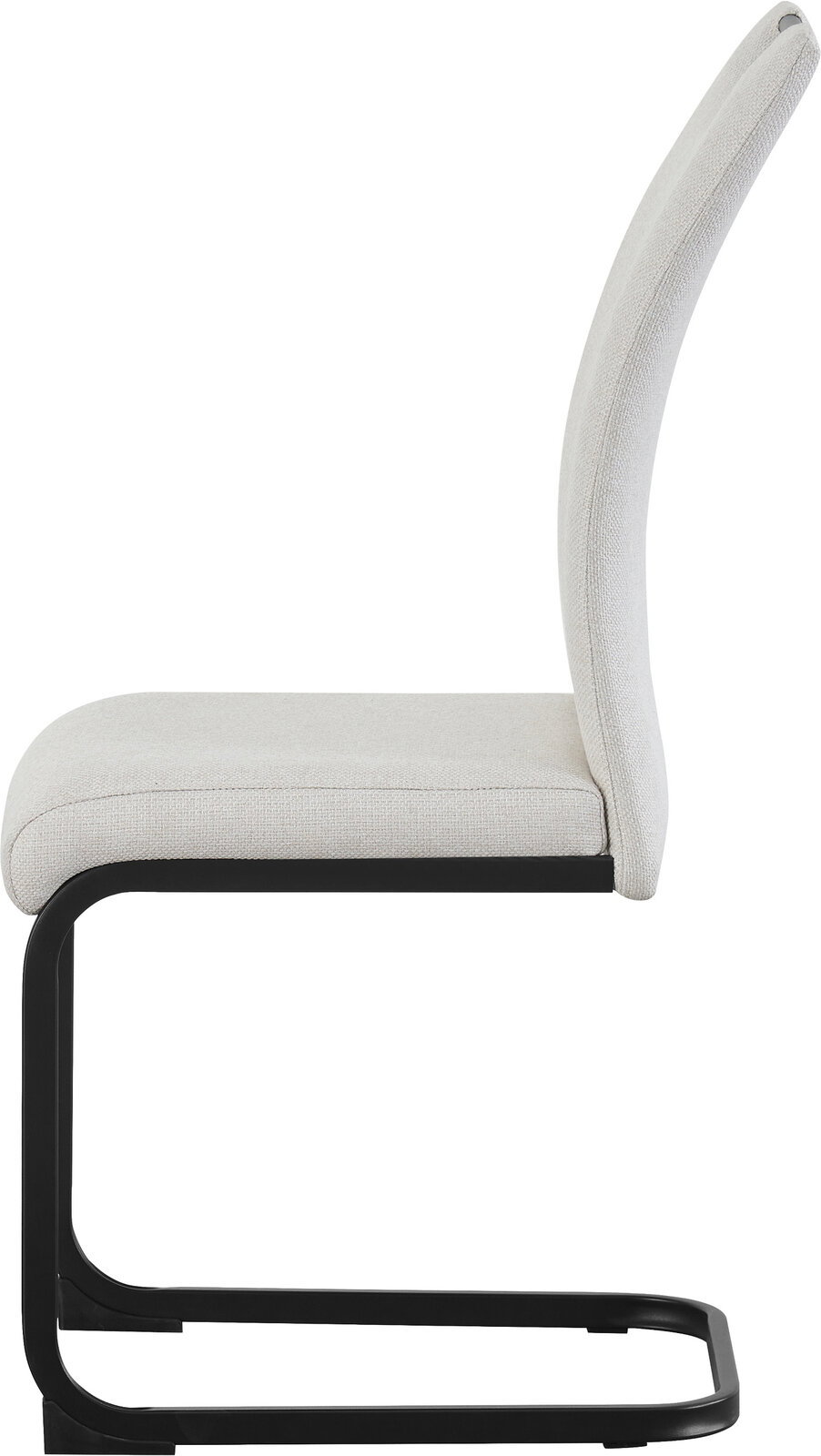 Moderner Freischwinger-Stuhl mit hellgrau/beigem Stoffbezug und schwarzem Metallgestell, Seitenansicht (Profil) vor weißem Hintergrund