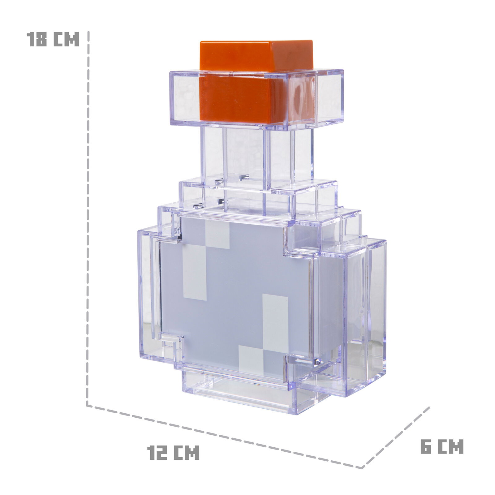 Transparenter, pixelartiger Flakon mit orangefarbenem Deckel, Maße ca. 18 cm hoch, 12 cm breit und 6 cm tief, freigestellt auf weißem Hintergrund, Ansicht schräg von vorne.