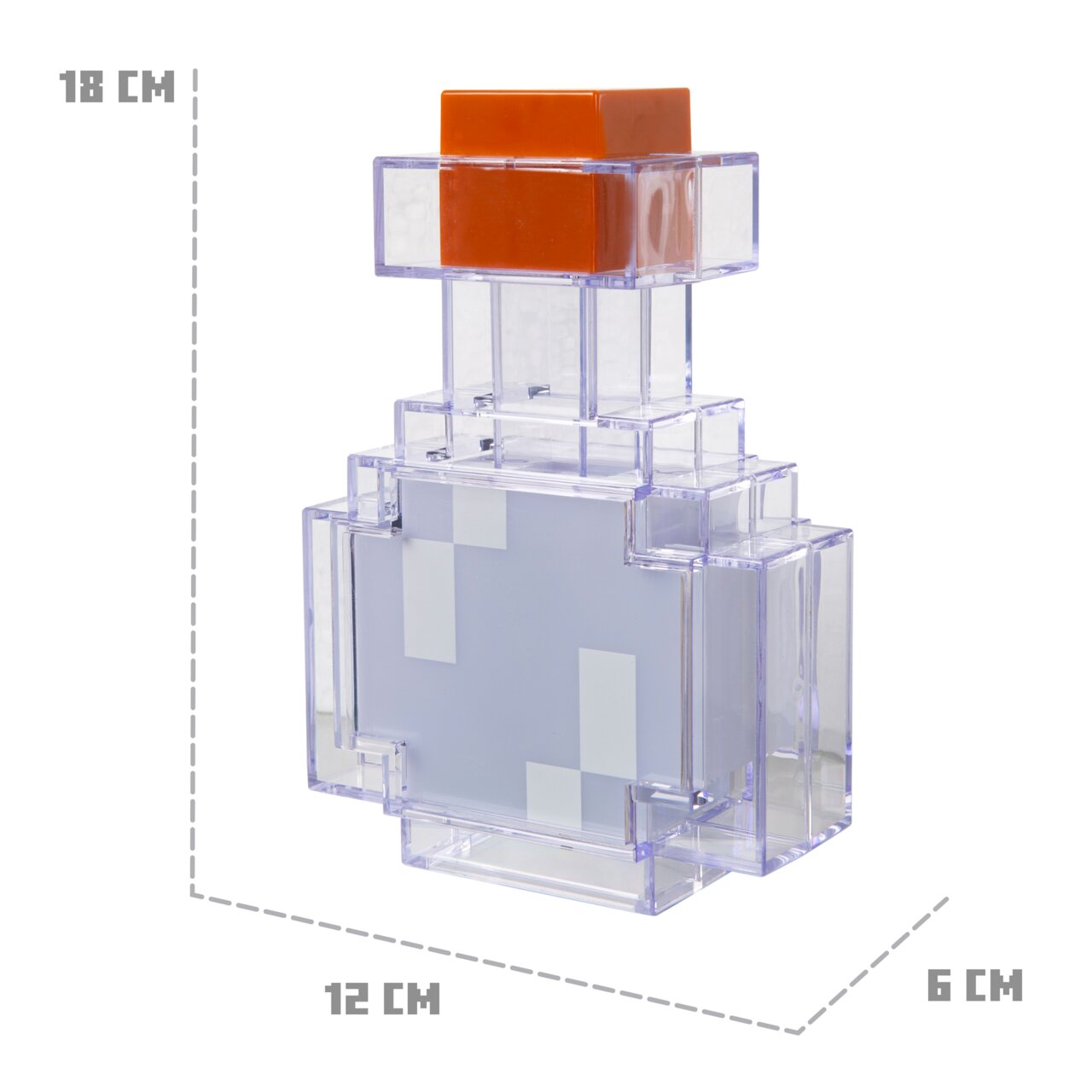 Transparenter, pixelartiger Flakon mit orangefarbenem Deckel, Maße ca. 18 cm hoch, 12 cm breit und 6 cm tief, freigestellt auf weißem Hintergrund, Ansicht schräg von vorne.