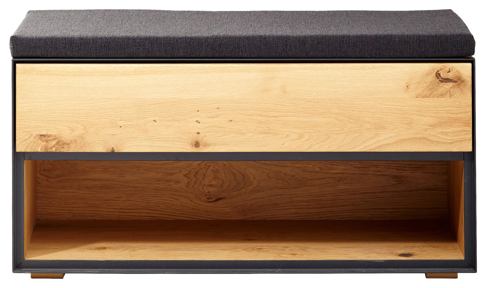 Garderobenbank aus Holz mit schwarzem Polster, frontal betrachtet