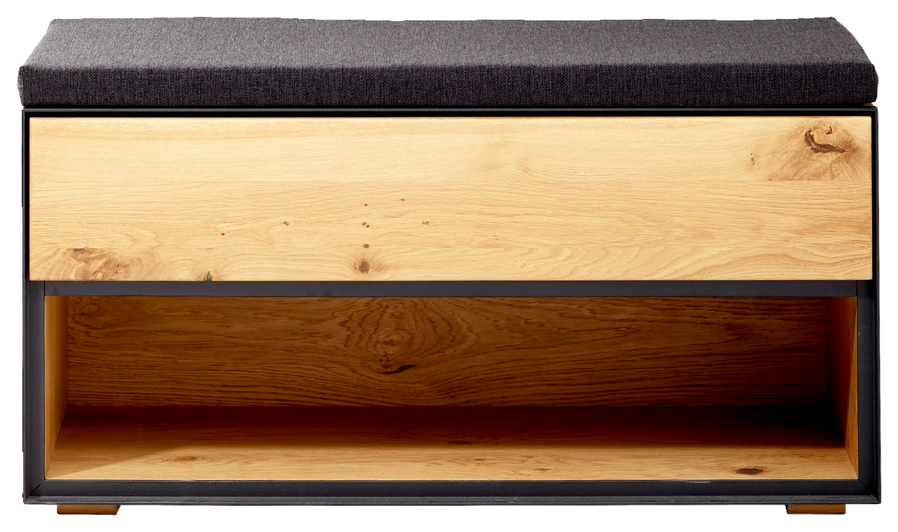 Garderobenbank aus Holz mit schwarzem Polster, frontal betrachtet