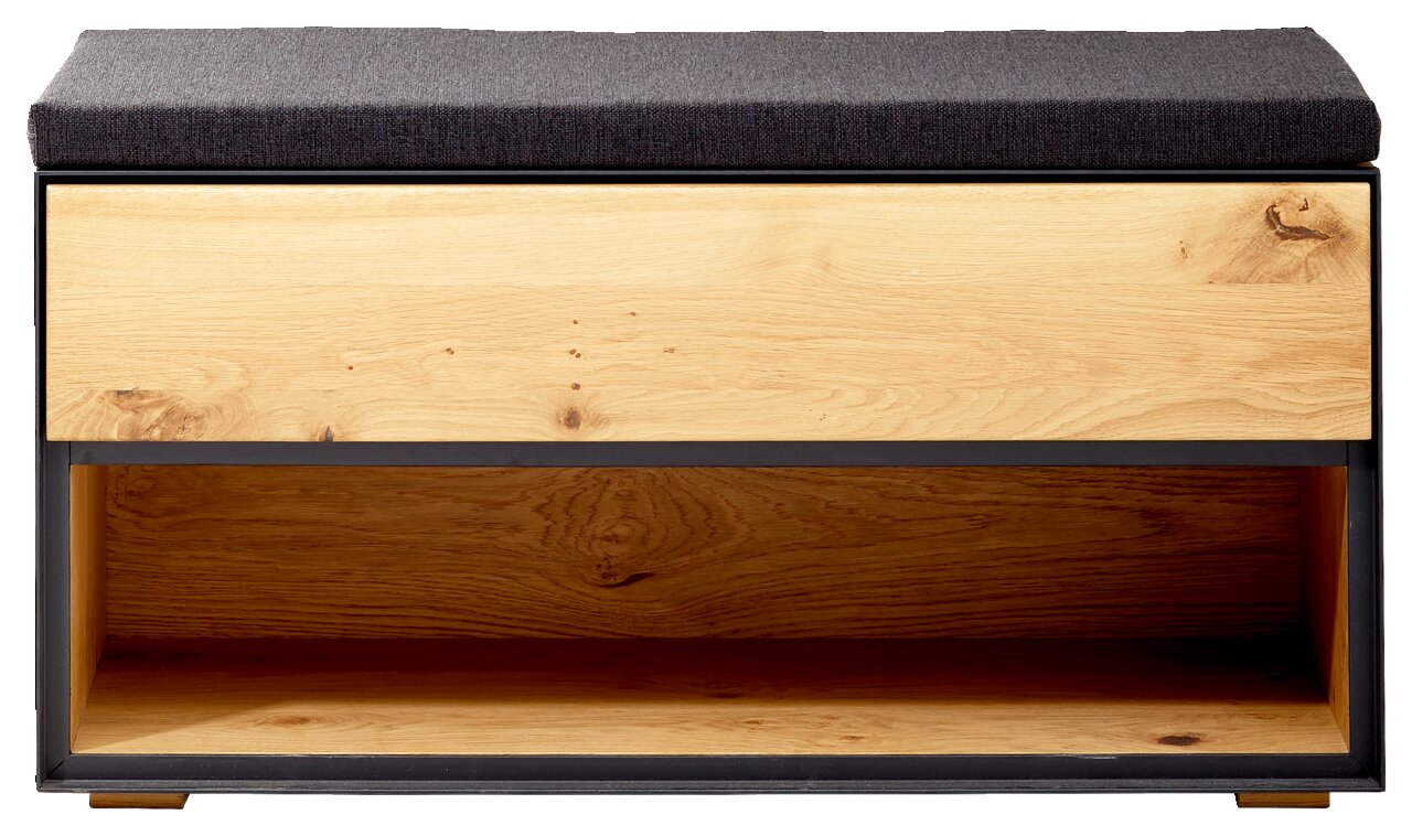 Garderobenbank aus Holz mit schwarzem Polster, frontal betrachtet