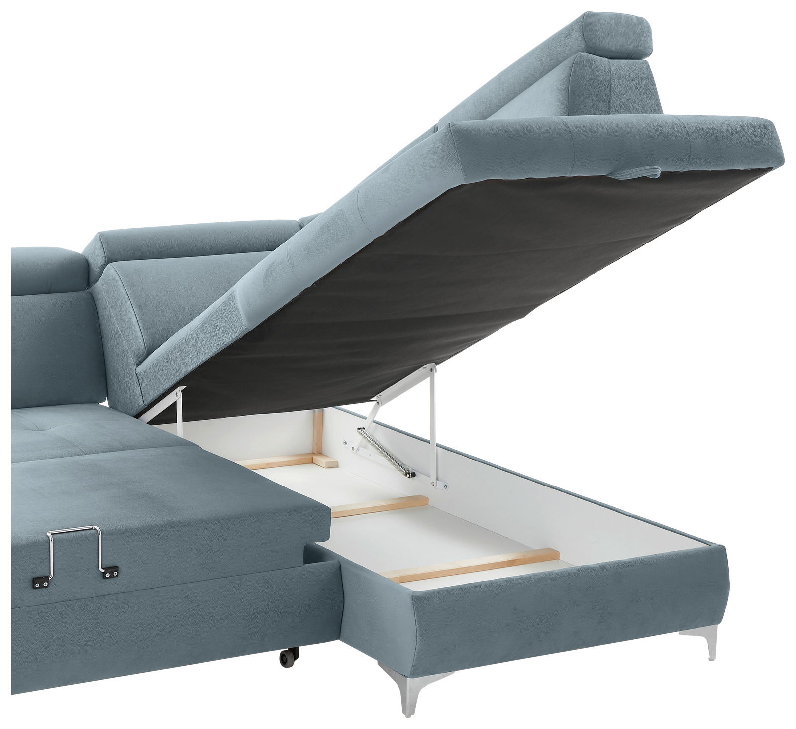 Rundecke (L) in blauer Farbe mit geöffneter Stauraumfunktion, seitliche Perspektive