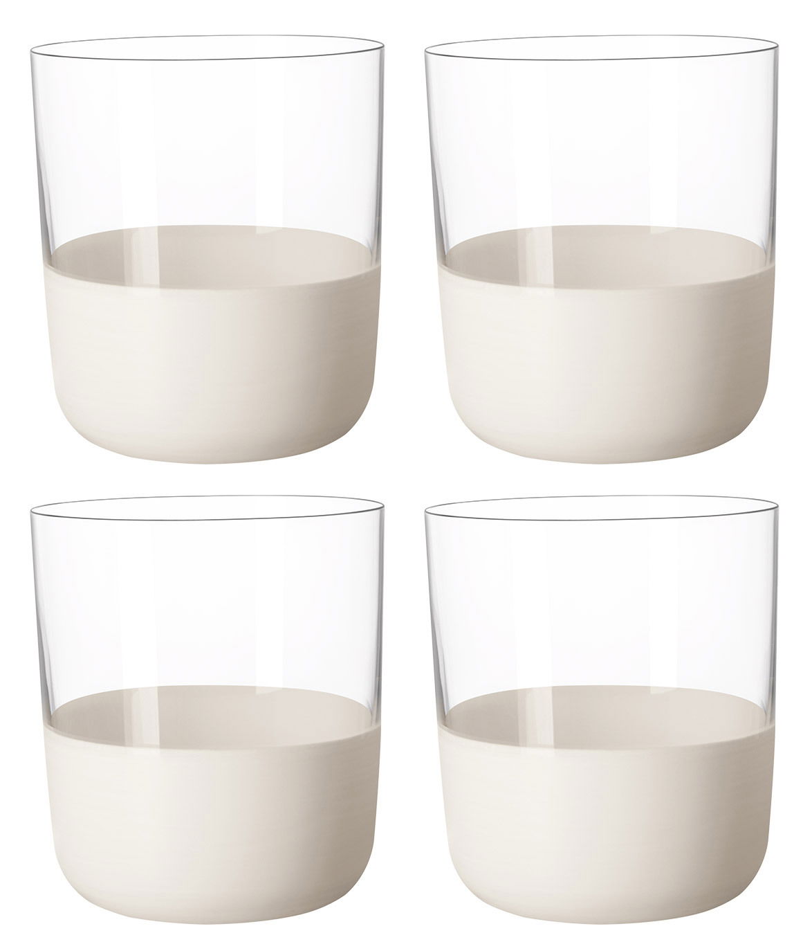 Set von vier Whiskygläsern mit klarem Glas und cremefarbener Basis, aus der Vorderansicht fotografiert.