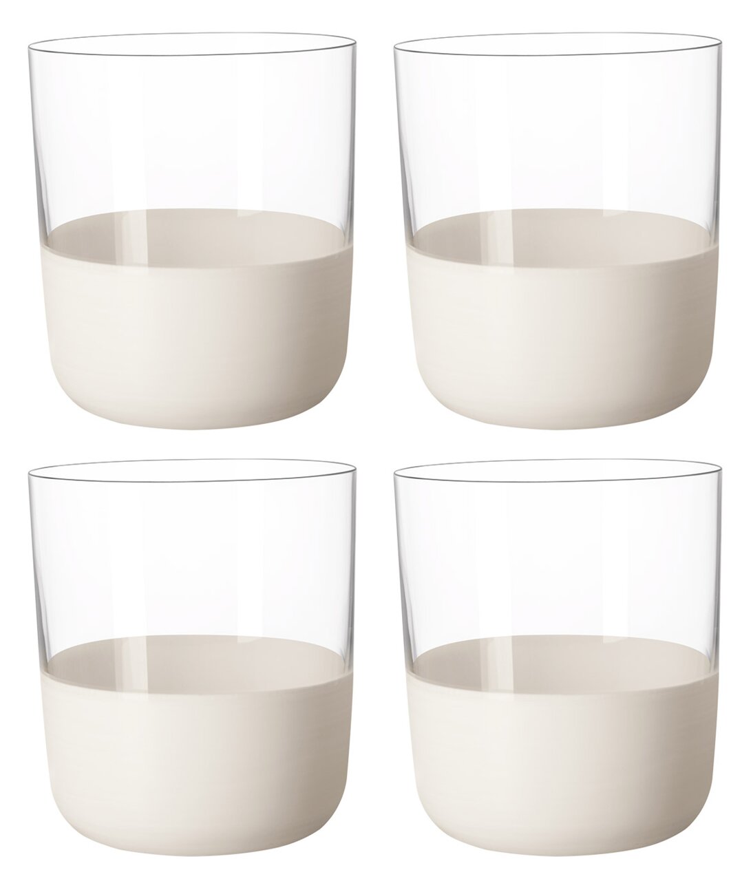 Villeroy & Boch Whiskyglazen, 4-delige set Set van vier whiskyglazen van helder glas met een crèmekleurige voet, gefotografeerd van voren.