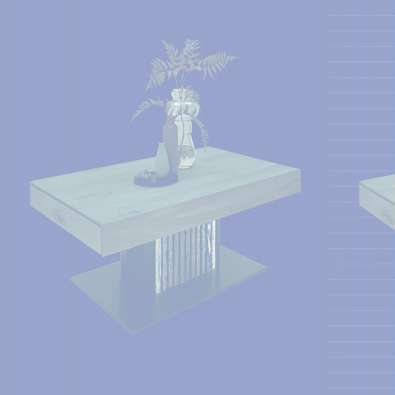 Moderner Couchtisch aus Holz mit dekorativen Vasen und Pflanzen, seitliche Perspektive