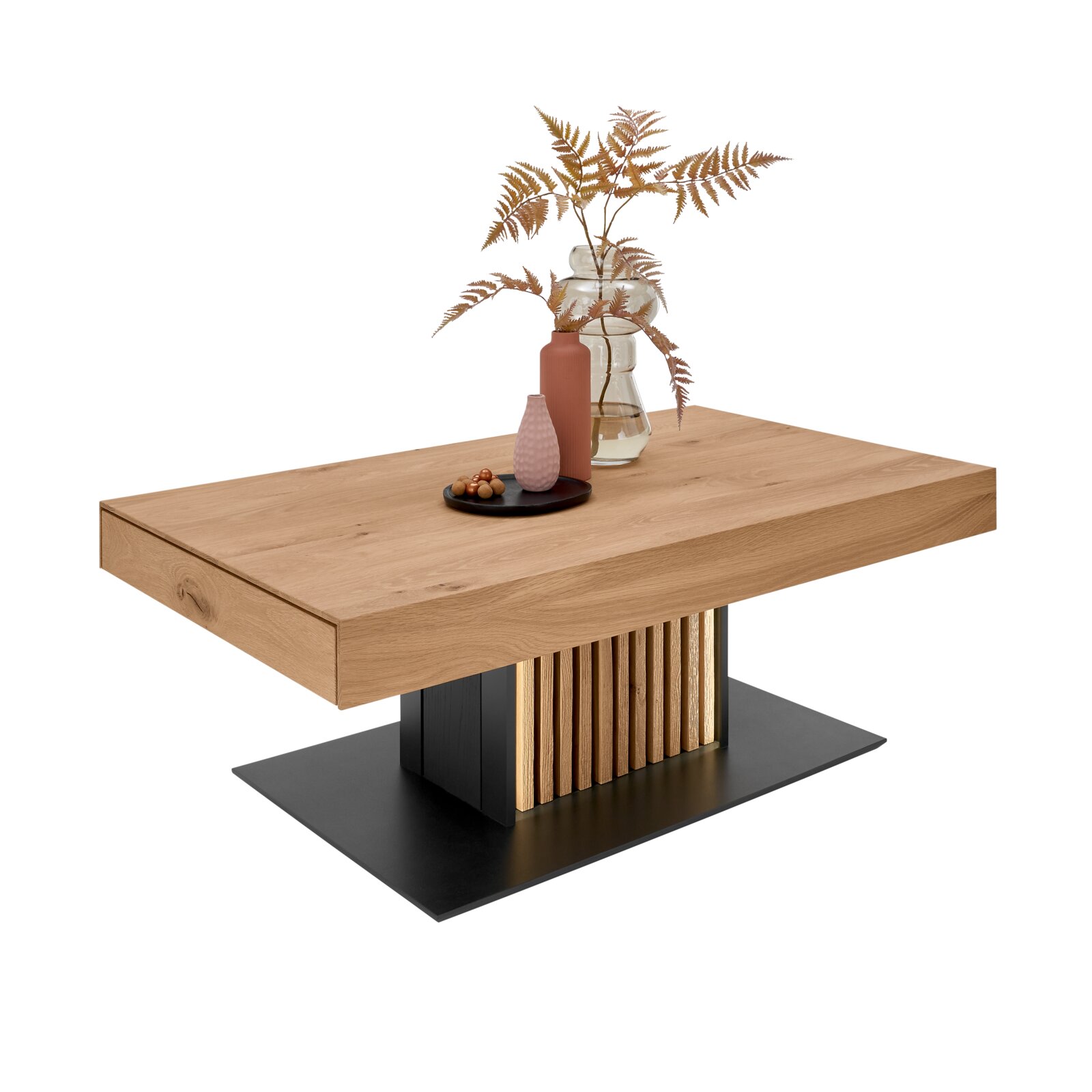Moderne houten salontafel met decoratieve vazen en planten, zijaanzicht
