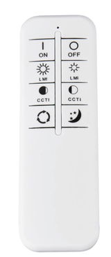 Fernbedienung für LED-Deckenleuchte, Vorderansicht mit Tasten für Ein/Aus, Helligkeit und Farbtemperatur.