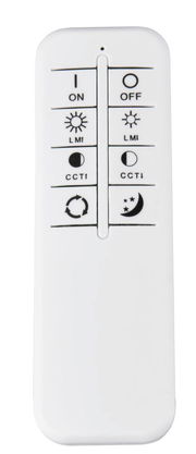 Fernbedienung für LED-Deckenleuchte, Vorderansicht mit Tasten für Ein/Aus, Helligkeit und Farbtemperatur.