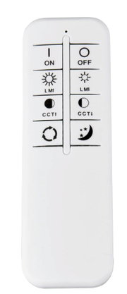 Fernbedienung für LED-Deckenleuchte, Vorderansicht mit Tasten für Ein/Aus, Helligkeit und Farbtemperatur.