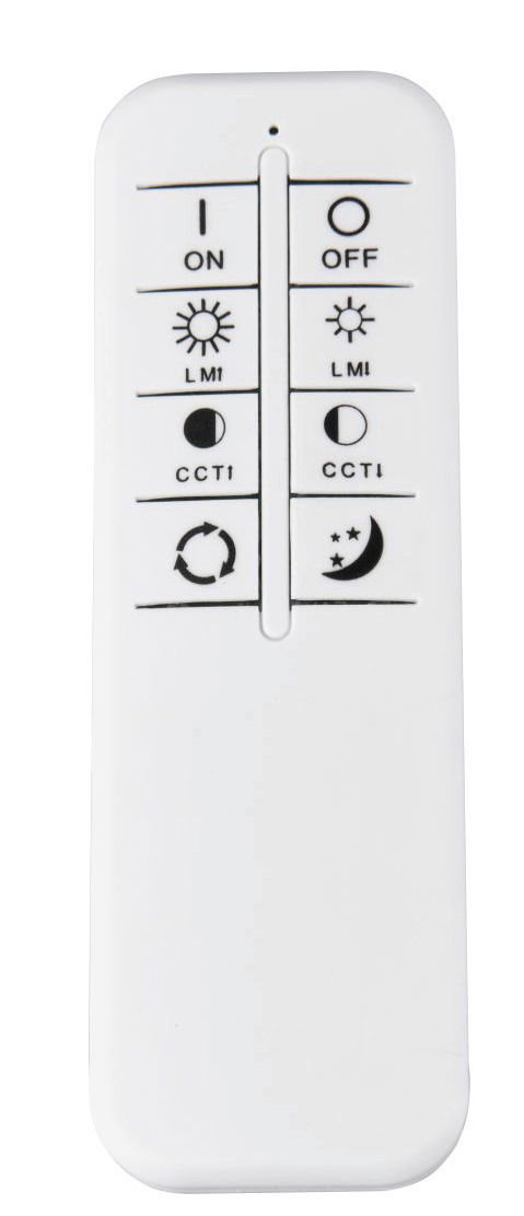 Fernbedienung für LED-Deckenleuchte, Vorderansicht mit Tasten für Ein/Aus, Helligkeit und Farbtemperatur.