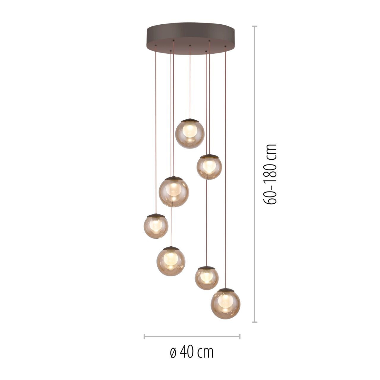 Moderne LED-Pendelleuchte mit sieben kugelförmigen Lampen, hängend von einer runden Deckenhalterung, Perspektive von der Seite