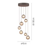 Moderne LED-Pendelleuchte mit sieben kugelförmigen Lampen, hängend von einer runden Deckenhalterung, Perspektive von der Seite