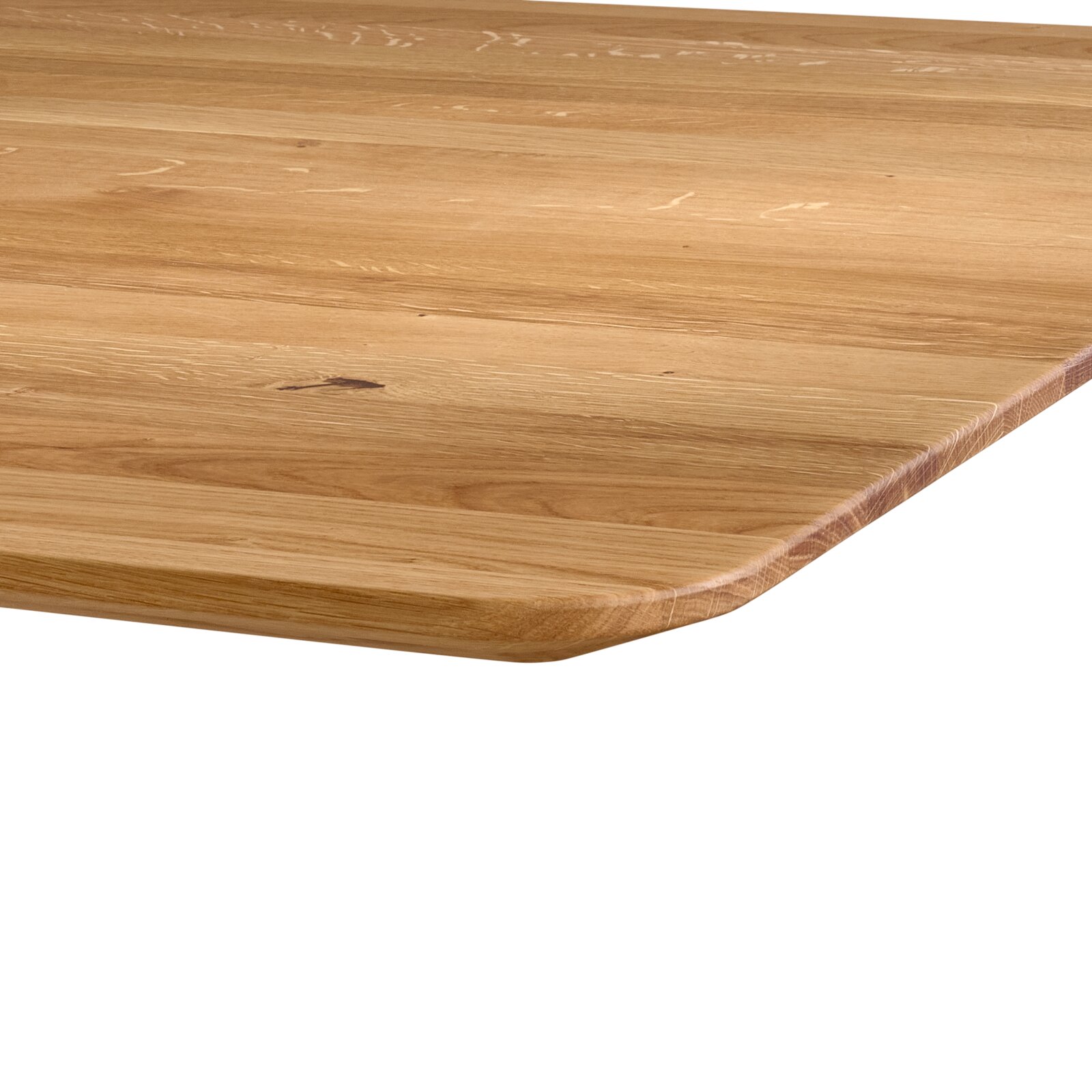 Holz-Tischplatte in natürlicher Optik mit abgerundeter Kante, Detailansicht aus schräger Draufsicht