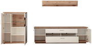 Wandkombination in Holzoptik mit weißen Elementen, bestehend aus einem hohen Schrank, einem breiten TV-Schrank und einem Wandregal, frontal betrachtet.