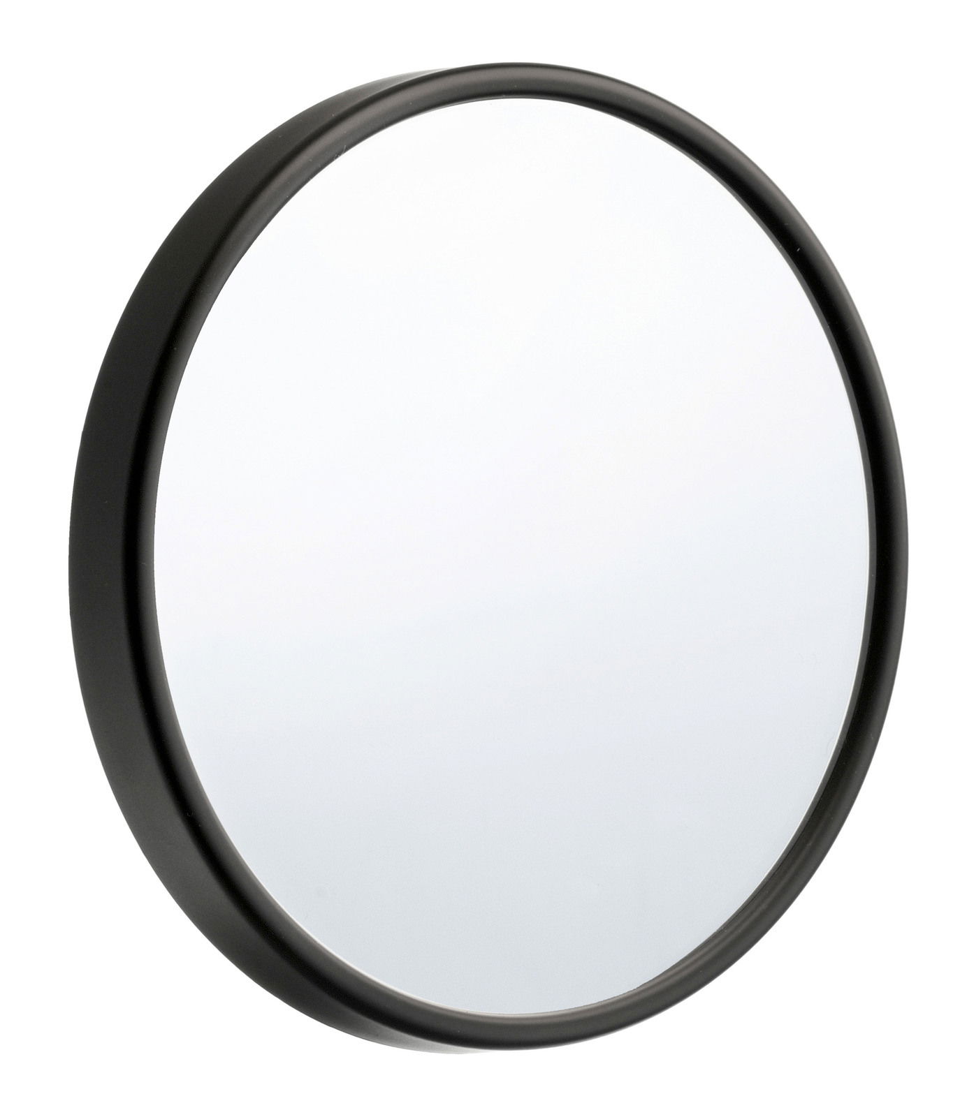 Runder Wandspiegel mit schwarzem Rahmen, seitliche Perspektive