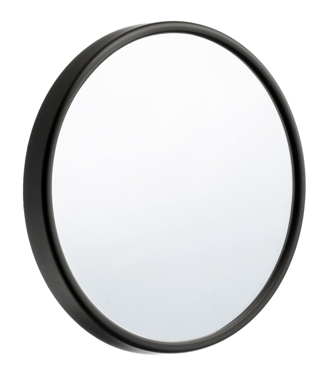 Runder Wandspiegel mit schwarzem Rahmen, seitliche Perspektive