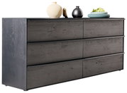 Modernes Sideboard aus dunklem Holz mit sechs Schubladen, dekoriert mit Vasen und Obst, seitliche Perspektive