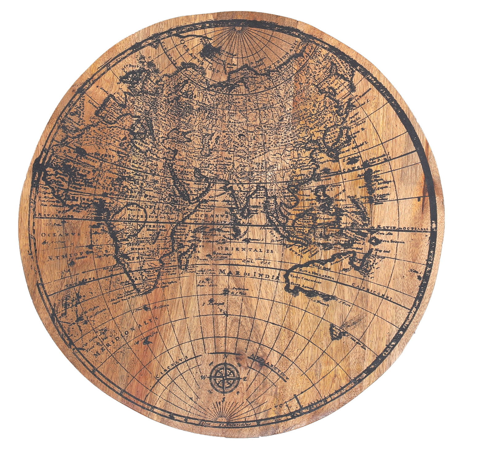 Runde Tischplatte aus Holz mit antiker Weltkarte, Vogelperspektive