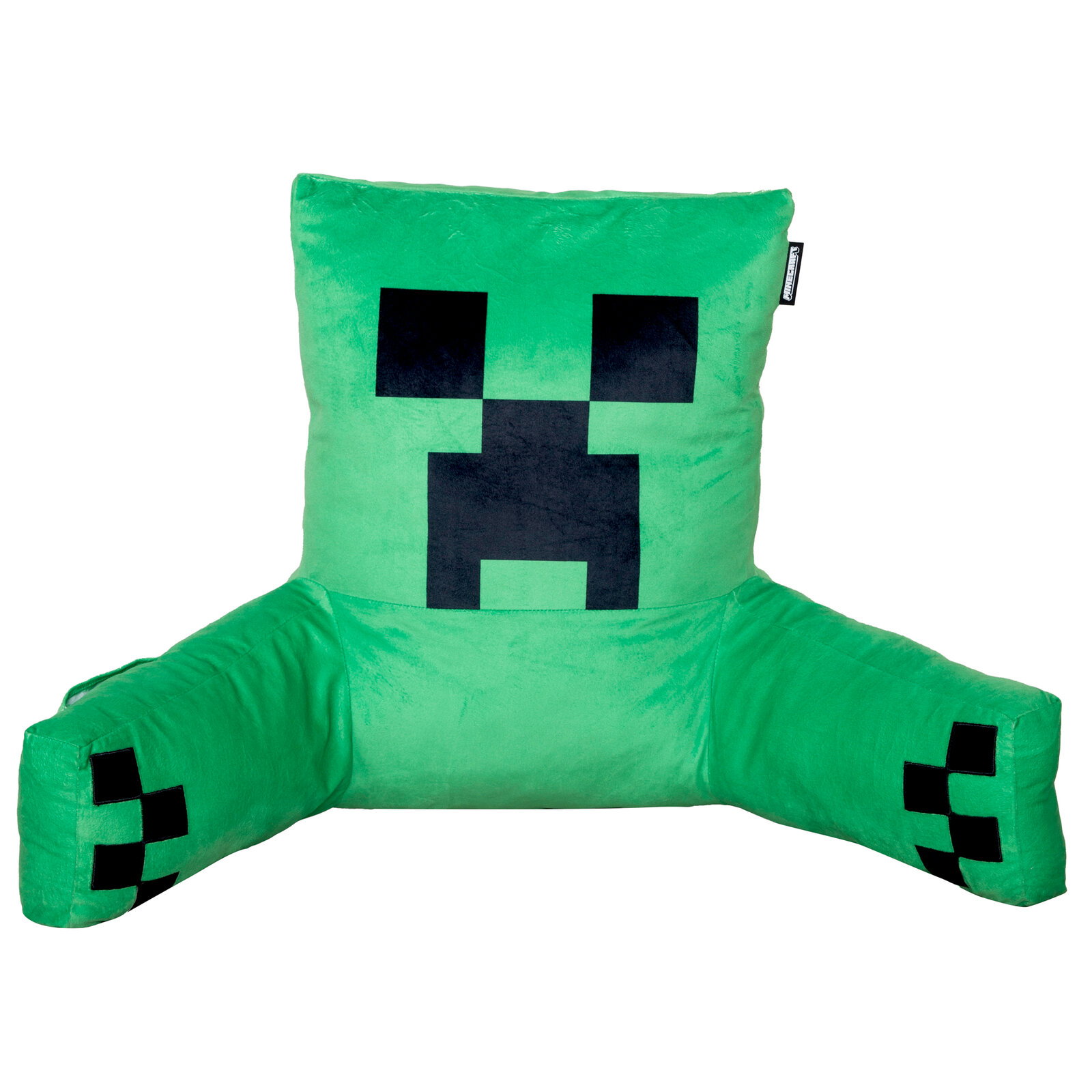 Grünes, plüschiges Minecraft-Creeper-Sitzkissen mit Rückenlehne und zwei Armlehnen, Frontansicht auf weißem Hintergrund