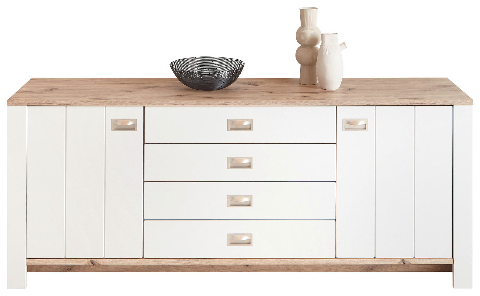 Modernes Sideboard in Weiß mit Holzoberfläche, frontal abgebildet. Dekoriert mit einer schwarzen Schale und zwei weißen Vasen.