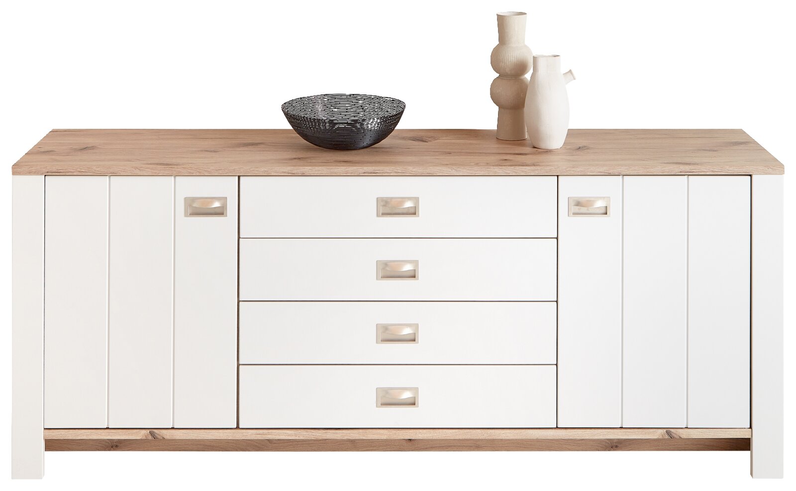 Modernes Sideboard in Weiß mit Holzoberfläche, frontal abgebildet. Dekoriert mit einer schwarzen Schale und zwei weißen Vasen.
