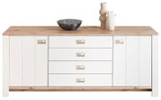 Modernes Sideboard in Weiß mit Holzoberfläche, frontal abgebildet. Dekoriert mit einer schwarzen Schale und zwei weißen Vasen.
