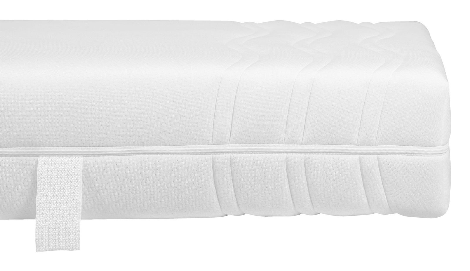 Seitenansicht einer weißen Matratze mit gestepptem Bezug und Tragegriff