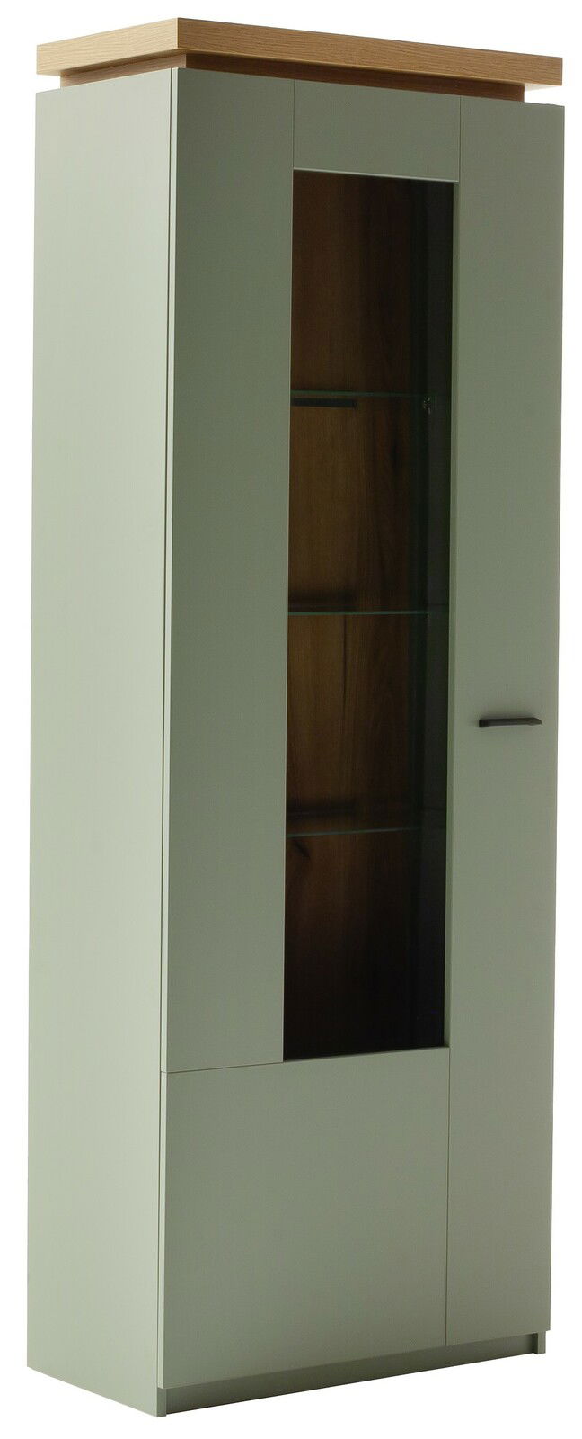 Vitrine mit Glastür und Holzdetails, seitliche Perspektive
