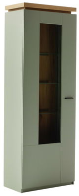 Vitrine mit Glastür und Holzdetails, seitliche Perspektive