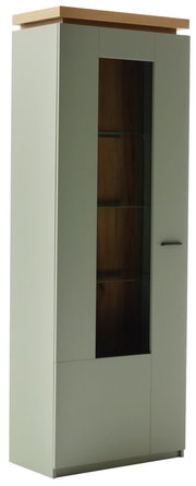 Vitrine mit Glastür und Holzdetails, seitliche Perspektive